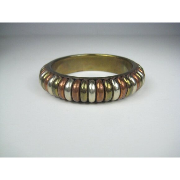 Mixed Metal Bangle Bracelet Brass Copper Silvertone 8 inch Dia - Picture 2 of 9